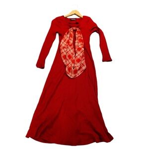 ⭐️ MASKED QUEEN Red Ribbed Knit Sweater Midi Dress Plaid Bow Oversized